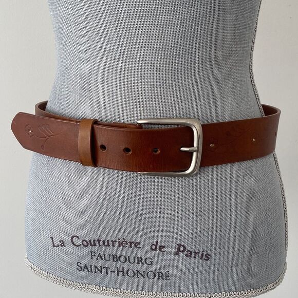Brown Leather Belt Floral Embossed w/ Studs Sz M Boho Cottage Western Granola main image 4